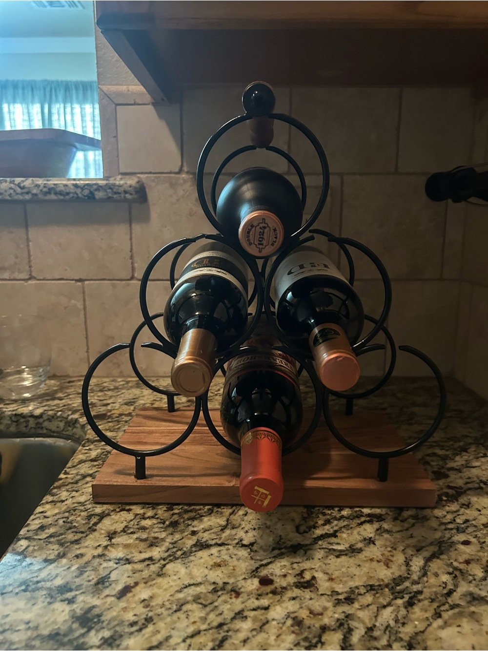 Black Metal & Wood Wine Rack - 6 Bottle Tabletop Holder - Picture 2 of 3